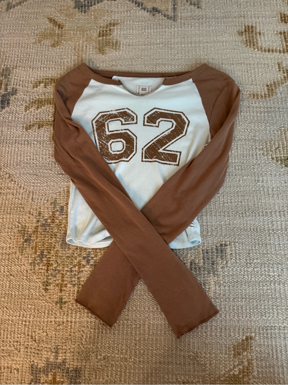 BDG White and Brown Long Sleeve Raglan Tee with '62' Graphic